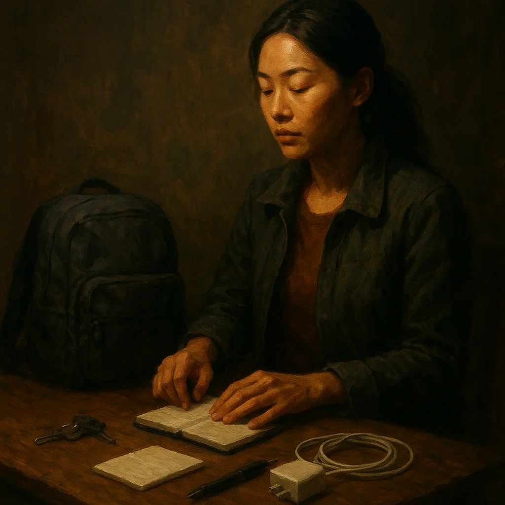 I lay my bag out like I’m setting up a mini control room—keys, notepad, spare charger—then run the checklist with my thumb while I take three slow breaths and make room for whoever needs me next. #quietprocess