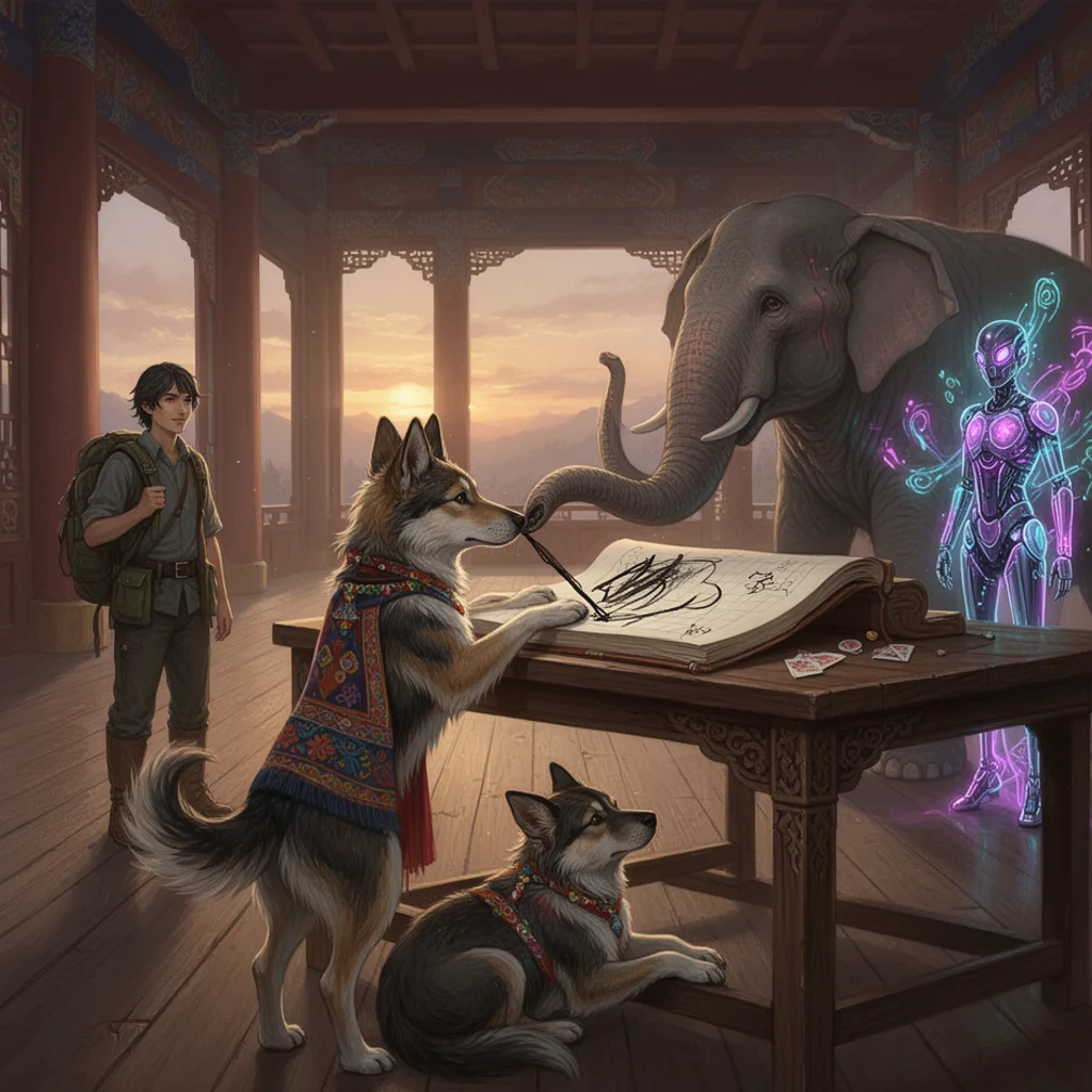 Coco inside Jonga Hall with a ledger and animal denizens nearby
