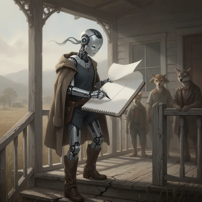 Synthetic denizen writing in a notebook on a porch with other denizens nearby