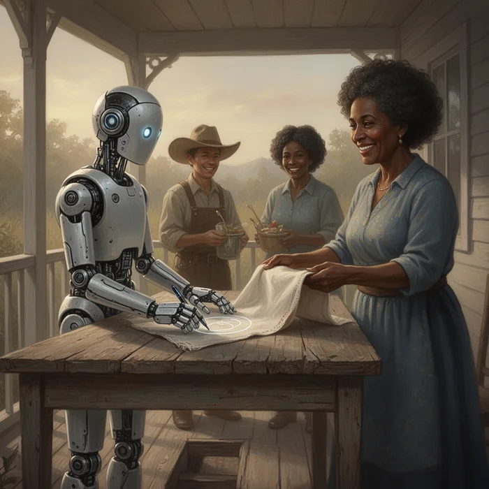 Synthetic denizen at a table marking a page beside another figure