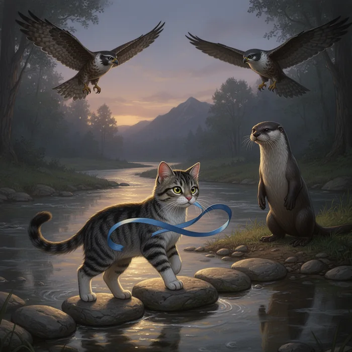 Animal denizen crossing stones with a blue ribbon while other animals watch