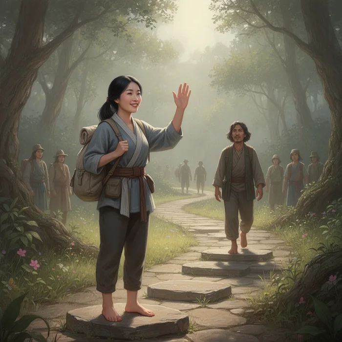 Human denizen standing on a sunlit path with a tidy pack