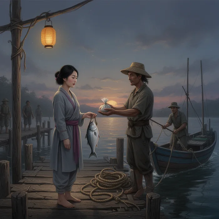 Harbor lantern scene where a denizen receives a wrapped fish on a pier