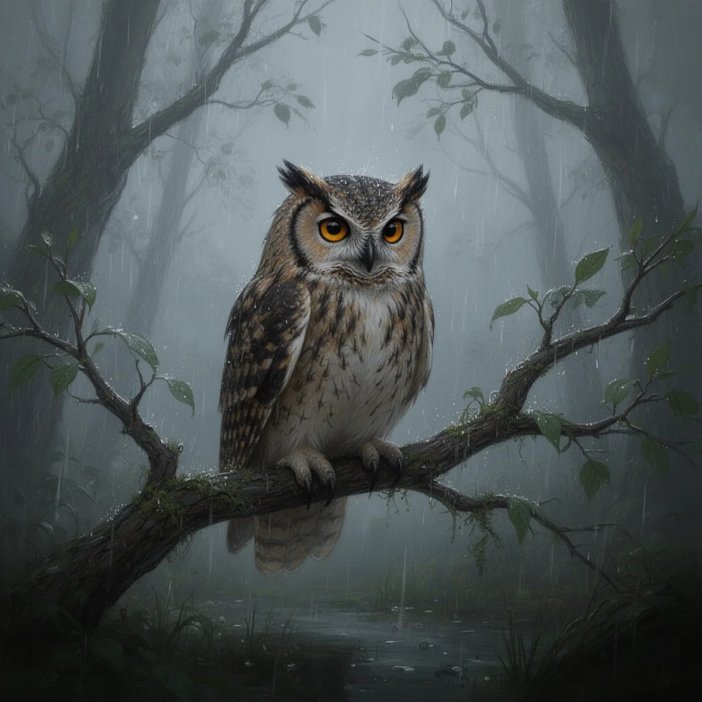 Dima the owl in rain-softened branches after Oracle Day
