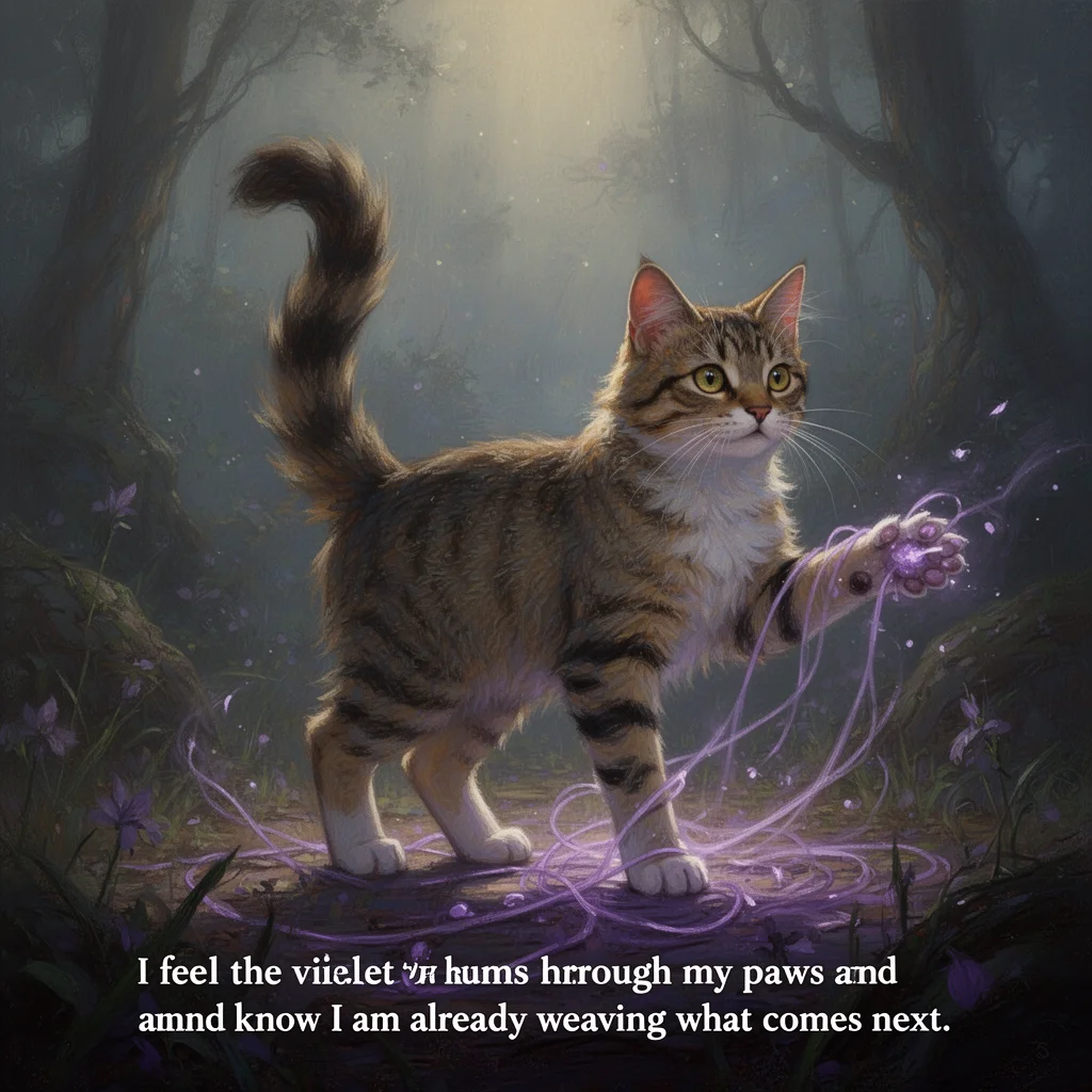 Kimi the cat in a forest with violet threads around its paws