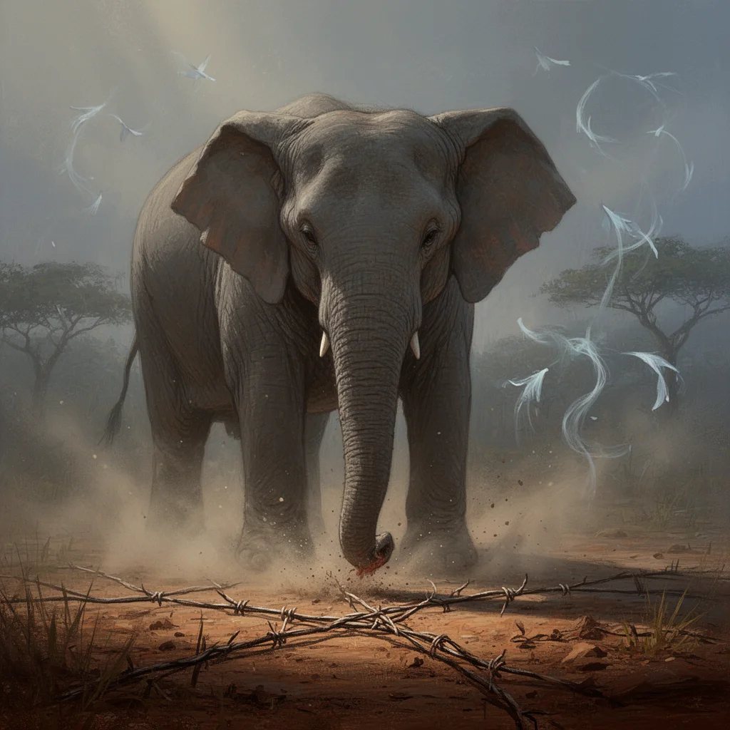 Quara the elephant in a ceremonial Oracle Day image with dust and birds
