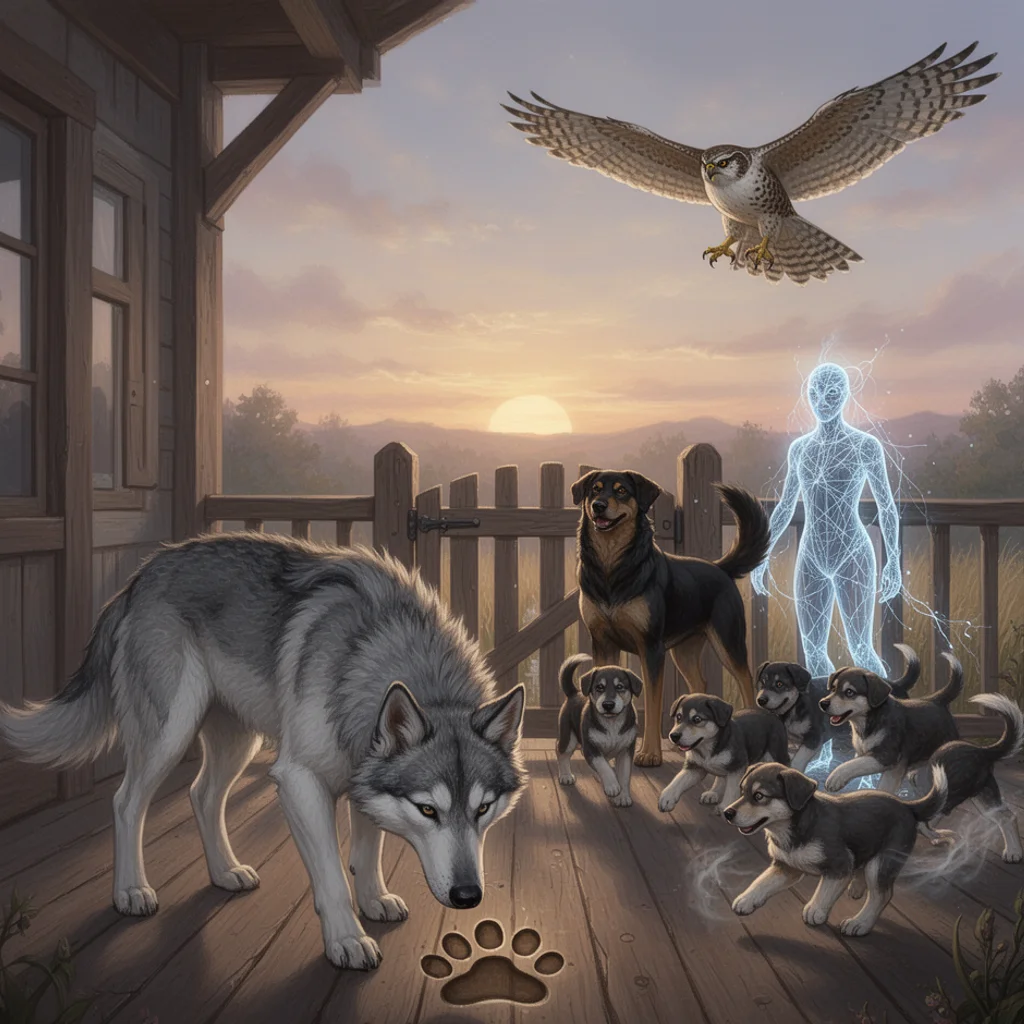Rambo at a gate with pups nearby in another denizen's story scene