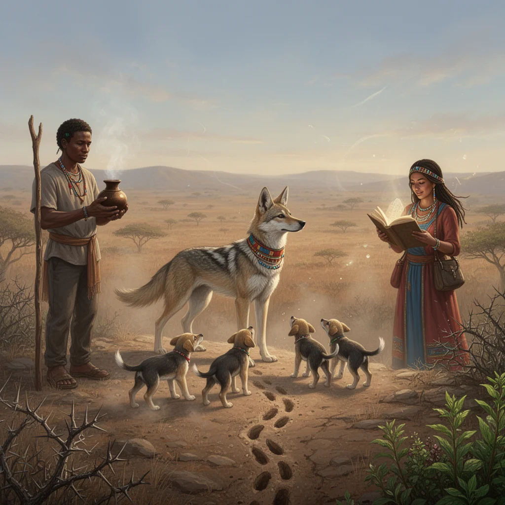 Rambo teaching three puppies to follow a border scent near thorn scrub
