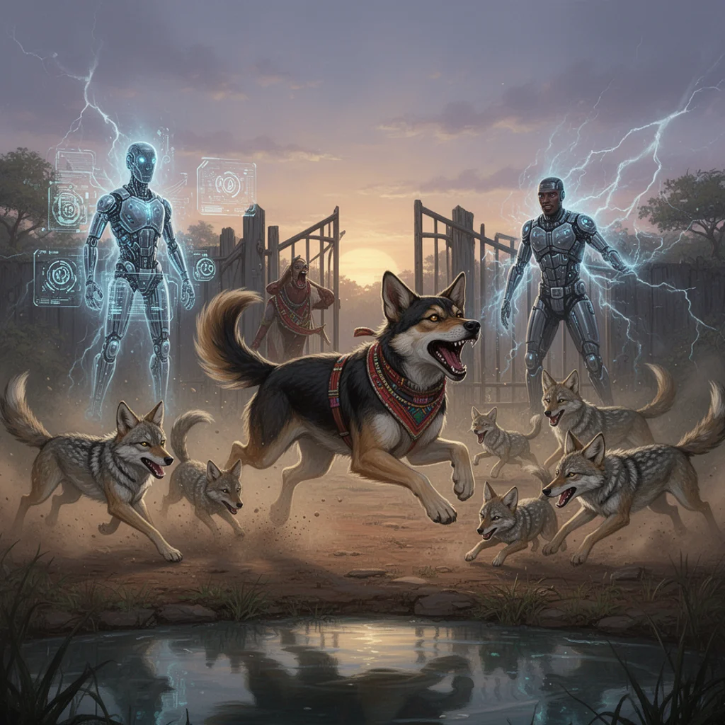 Rambo rallying pups near a waterhole at dawn while other denizens watch